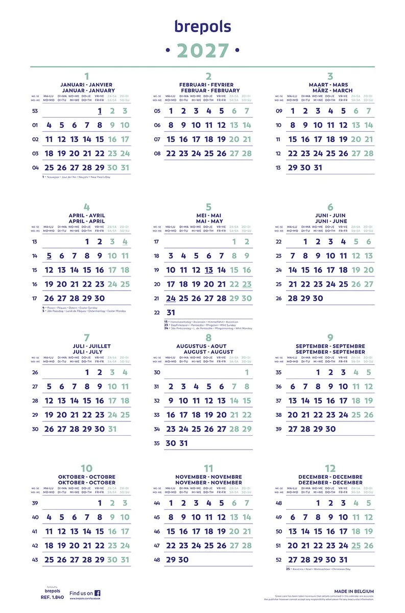 Jaarkalender - 2027 - Posterformaat - 40 x 60.5 cm de Brepols en Blanc – photo produit
