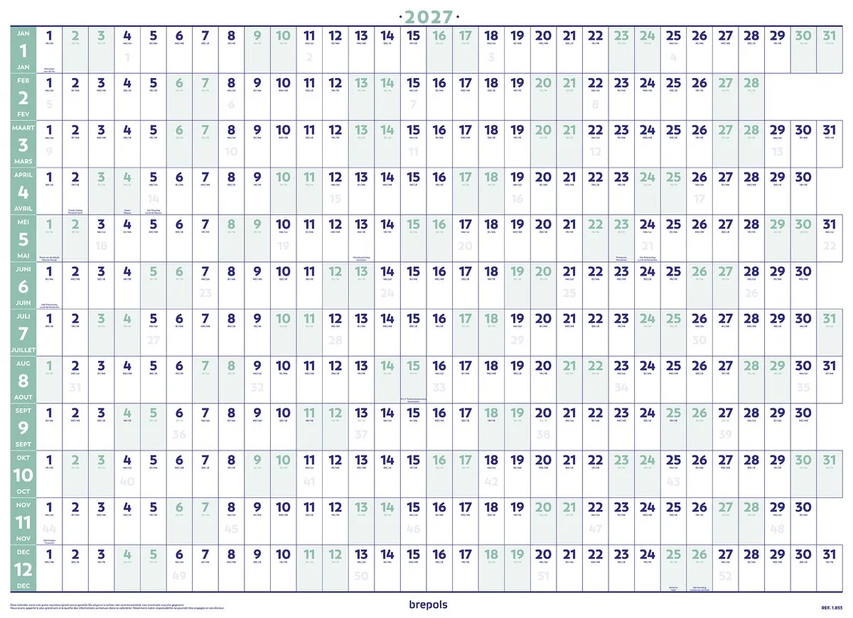 JAARPLANNER 2027 [1.853] - Jaar planner - Posterformaat - 82 x 59 cm van Brepols in Wit – productfoto
