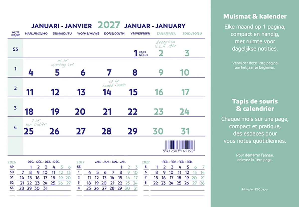 Kalender 2027 - Muismatkalender - Transparant topvel - 12 vel met maandoverzicht - 18 x 23 cm van Brepols in Wit – productfoto