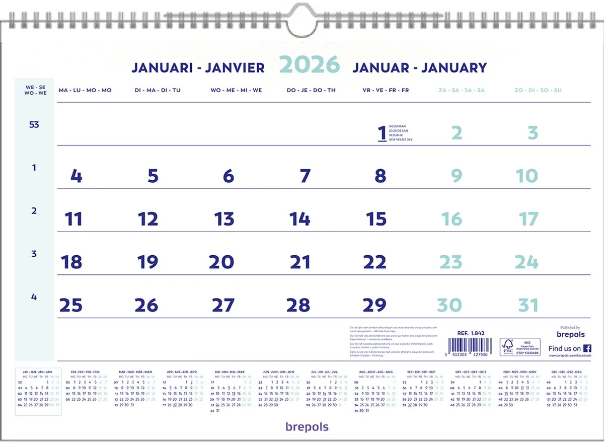 Maandkalender 2026 - Wire-O - 43 x 31,5 cm de Brepols en Blanc – photo produit