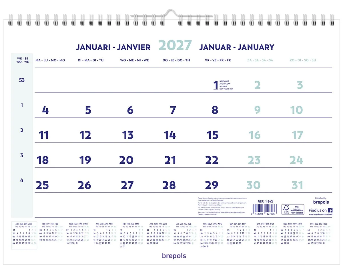 Maandkalender 2027 - Wire-O - 43 x 31,5 cm de Brepols en Blanc – photo produit