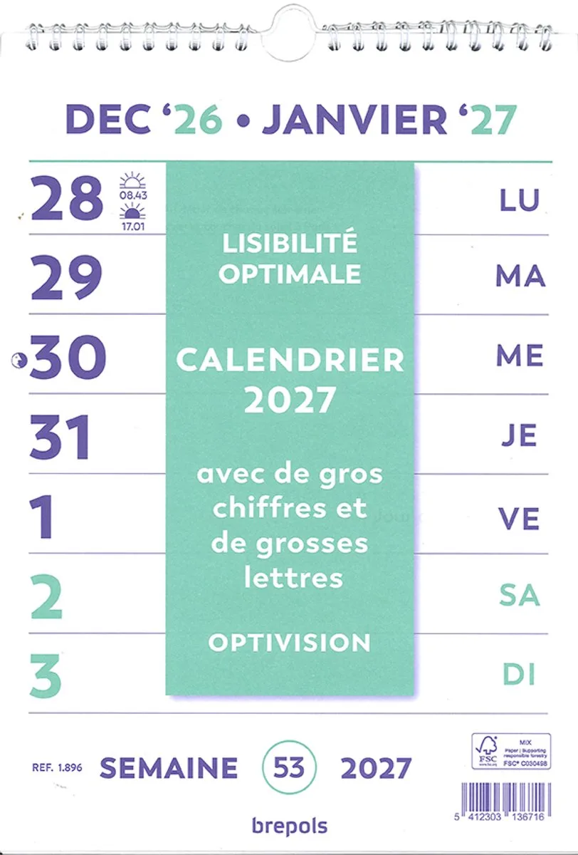 Optivision FR Kalender 2027 - Grote cijfers & letters - Wire-O - A4 - 21 x 29,7 cm by Brepols in White – product photo