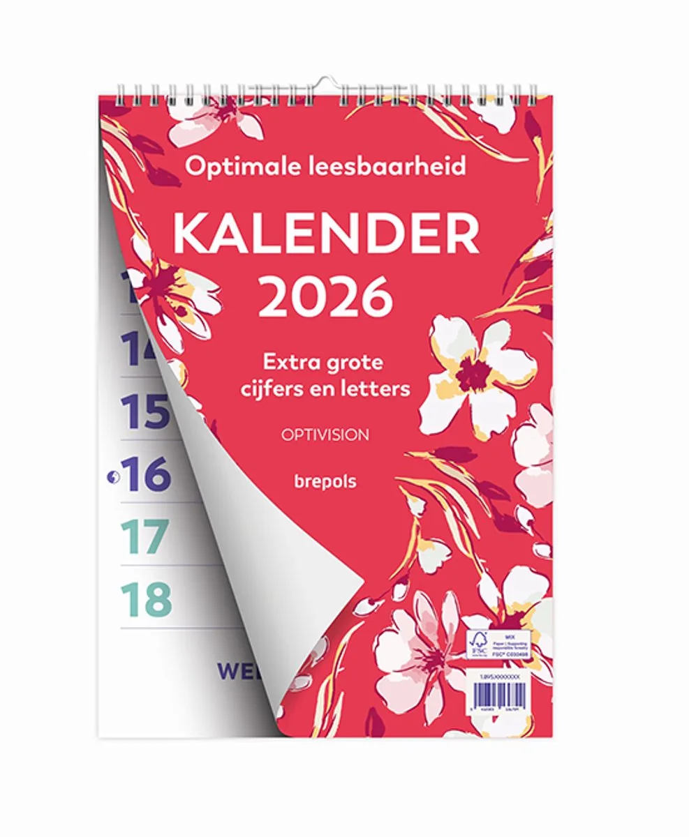 Optivision NL Kalender 2026 - FANTASY - Grote cijfers & letters - Wire-O - A4 - 21 x 29,7 cm de Brepols en Rouge – photo produit