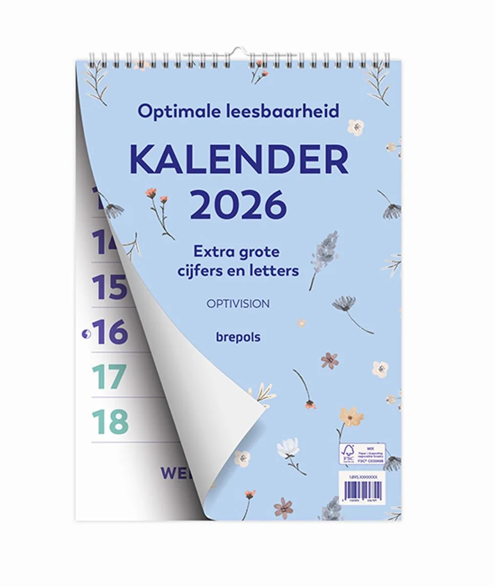 Optivision NL Kalender 2026 - FANTASY - Grote cijfers & letters - Wire-O - A4 - 21 x 29,7 cm von Brepols in Blau – Produktfoto