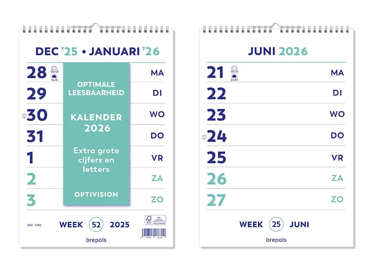 Optivision NL Kalender 2026 - Grote cijfers & letters - Wire-O - A4 - 21 x 29,7 cm von Brepols in Weiß – Produktfoto