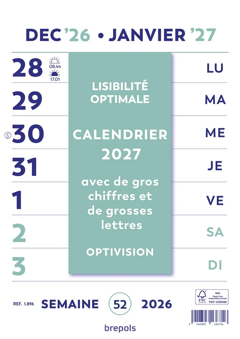 Optivision Wand-week kalender, Franstalig, 2027 by Brepols – product photo
