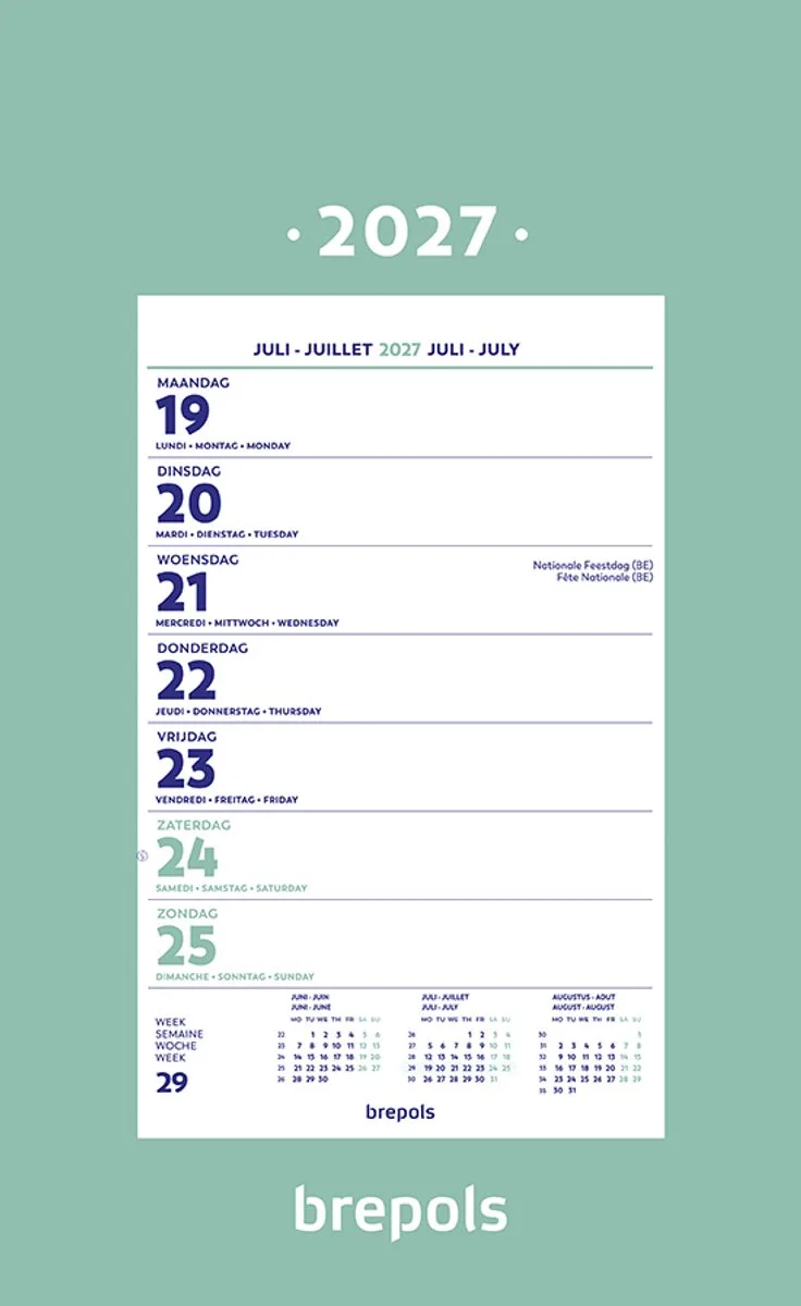 Wand-week kalender 2027 - 19 x 31 cm fra Brepols i Grøn – produktbillede