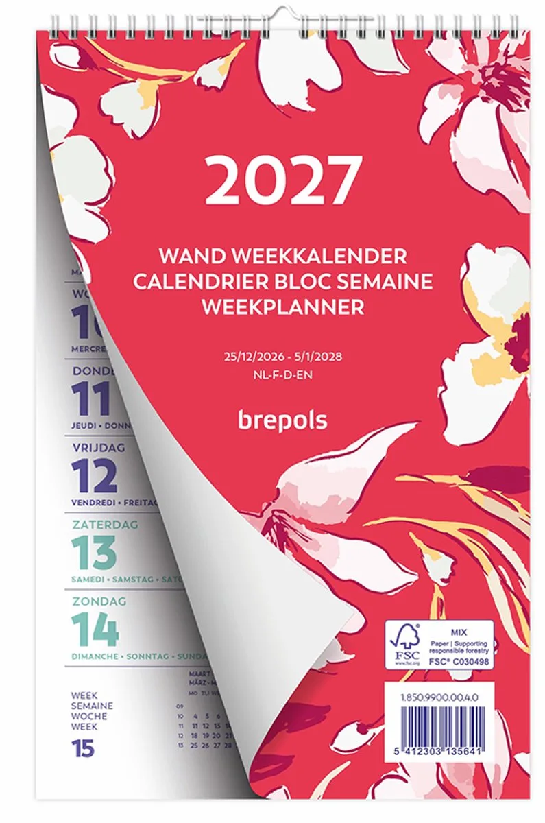 Wand-week kalender 2027 - FANTASY - Week begint op maandag - 13.5 x 21 cm - Bloem från Brepols i Röd – produktbild