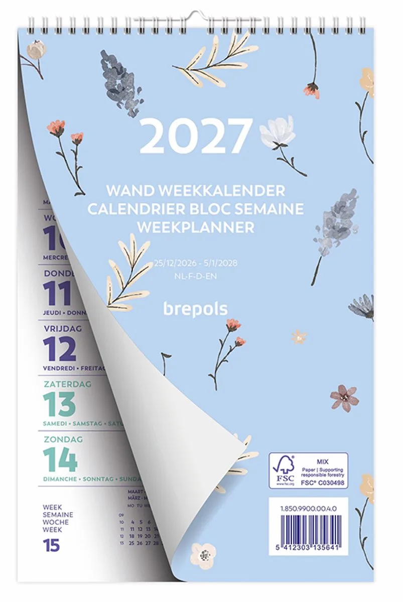 Wand-week kalender 2027 - FANTASY - Week begint op maandag - 13.5 x 21 cm - Bloem från Brepols i Blå – produktbild