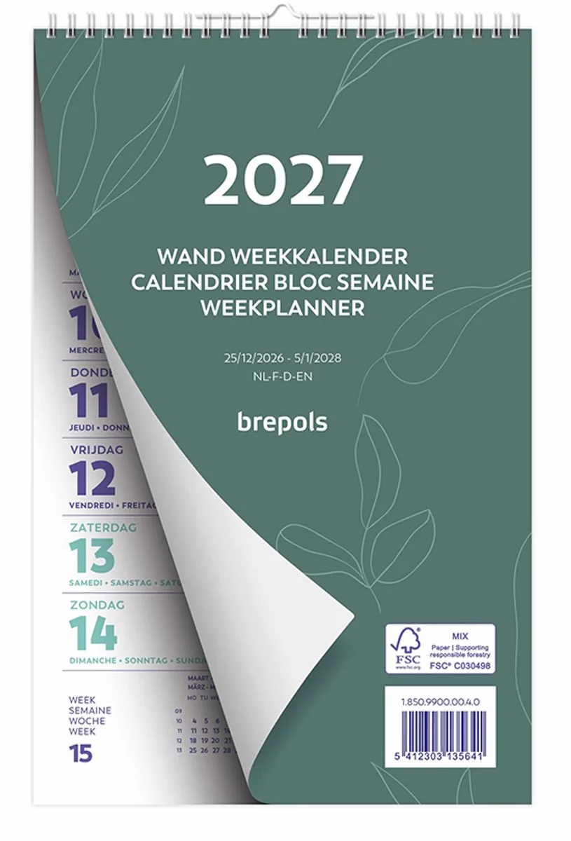 Wand-week kalender 2027 - FANTASY - Week begint op maandag - 13.5 x 21 cm - Beige - Bloem från Brepols i Grön – produktbild