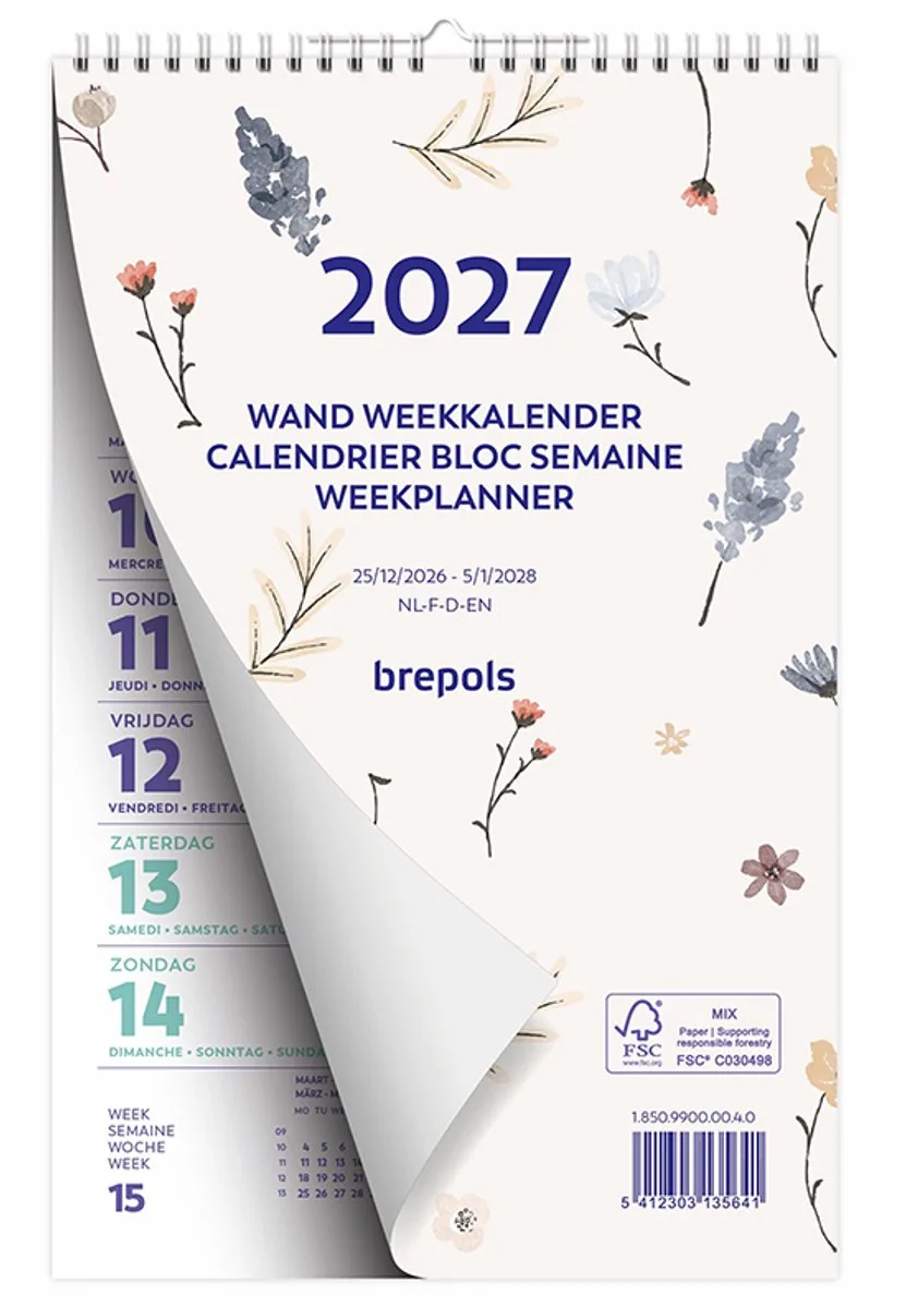 Wand-week kalender 2027 - FANTASY - Week begint op maandag - 13.5 x 21 cm - Bloem von Brepols in Beige – Produktfoto