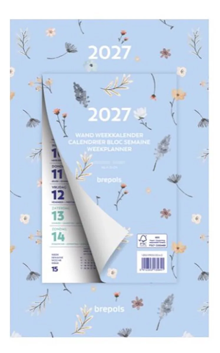 Wand-week kalender 2027 - Fantasy - Week begint op maandag - 19 x 31 cm - Bloem från Brepols i Blå – produktbild