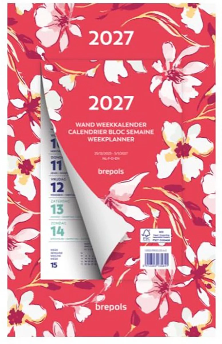 Wand-week kalender 2027 - Fantasy - Week begint op maandag - 19 x 31 cm - Bloem von Brepols in Rot – Produktfoto