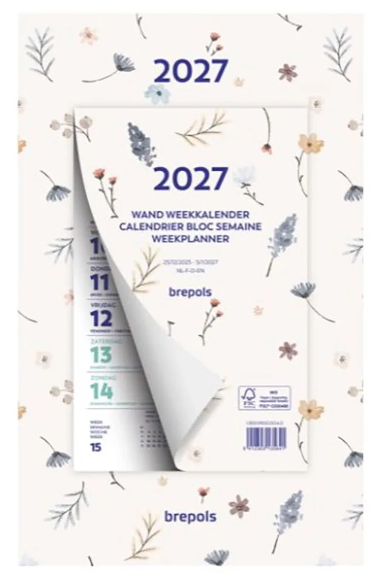 Wand-week kalender 2027 - Fantasy - Week begint op maandag - 19 x 31 cm - Bloem från Brepols i Beige – produktbild