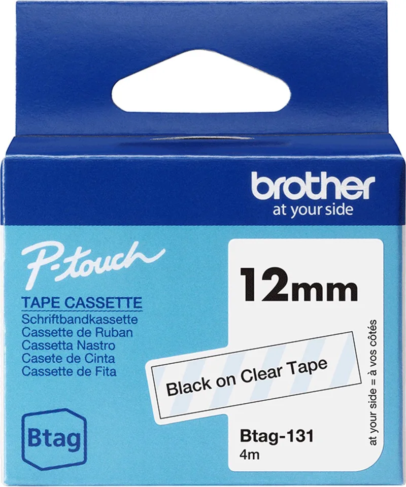 Btag-131 zwart op transparant labeltape – breedte 12 mm de Brother en Zwart op zilver – photo produit