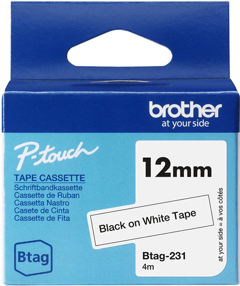 Btag-231 labeltape – breedte 12 mm de Brother en Zwart op wit – photo produit