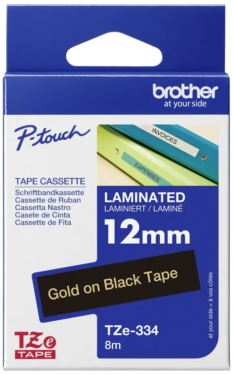 Etiketten Brother TZe TZe-334 PET Bandfarbe: Schwarz Schriftfarbe:Gold 12 mm 8 m de Brother – photo produit