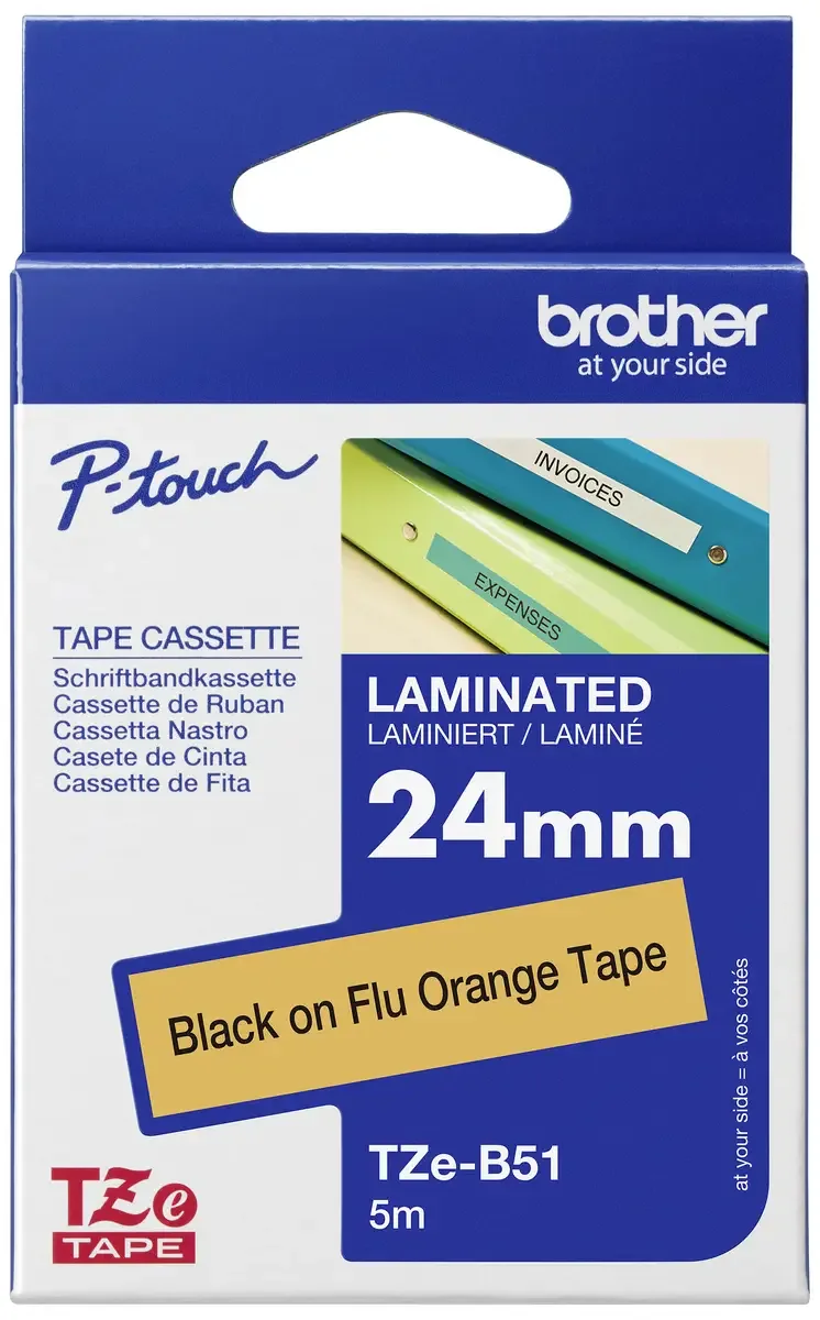 TZe-B51 Labeltape signaalkleur PET Tapekleur: Signaaloranje Tekstkleur: Zwart 24 mm 5 m van Brother – productfoto