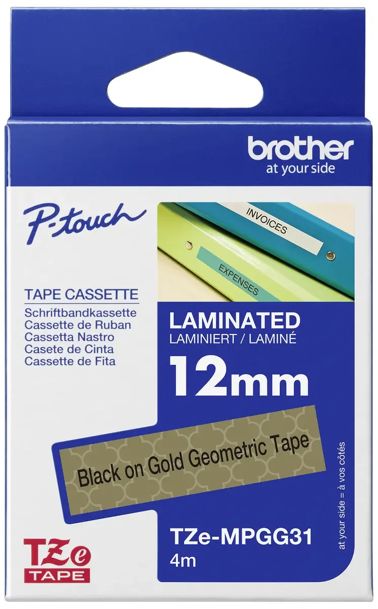 Etiketten Brother TZe TZe-MPGG31 Bandfarbe: Gold (geometrisches Muster) Schriftfarbe:Schwarz 12 mm 4 m de Brother – photo produit