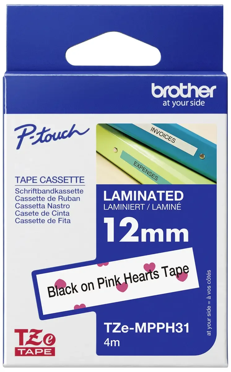 Etiketten Brother TZe TZe-MPPH31 Bandfarbe: Weiß (mit rosa Herzen) Schriftfarbe:Schwarz 12 mm 4 m by Brother – product photo