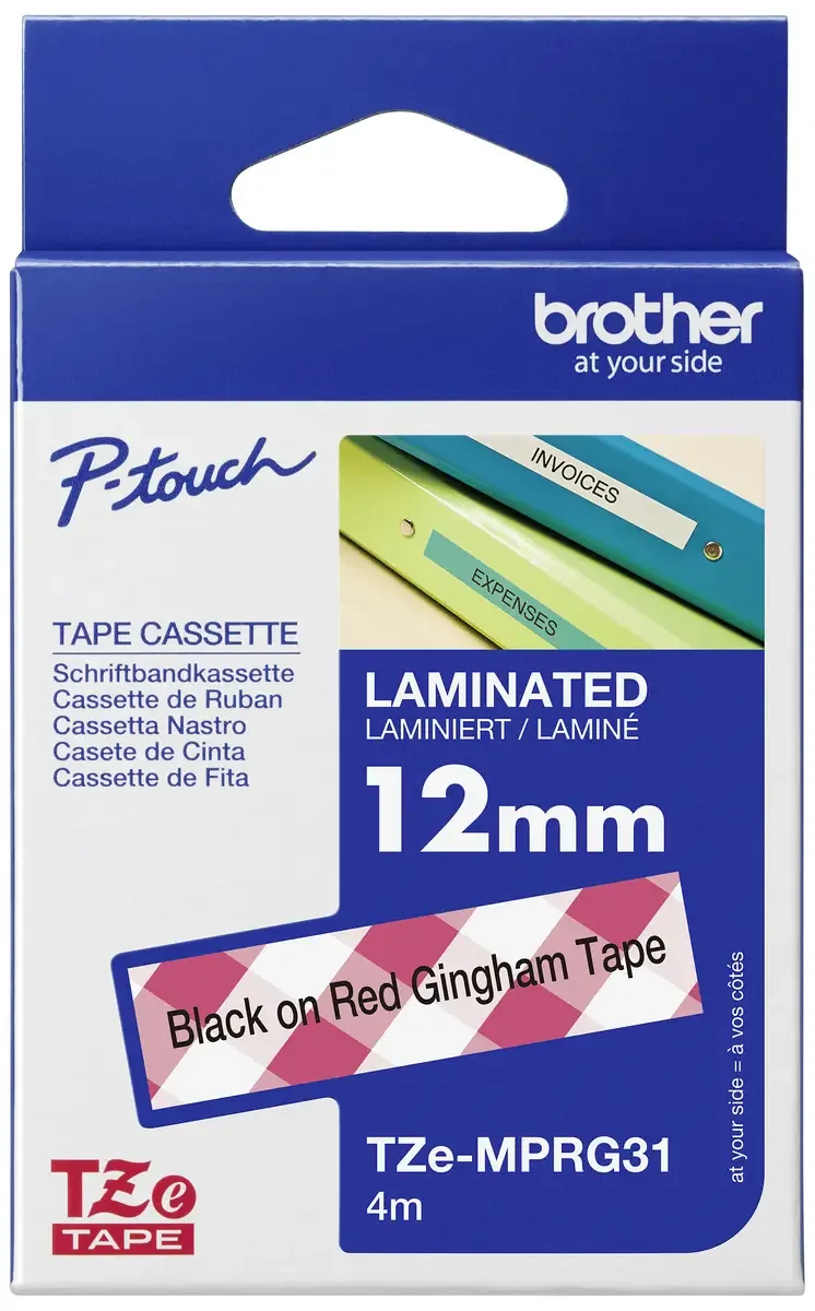 Etiketten Brother TZe TZe-MPRG31 Bandfarbe: Weiß (mit rotem Karo-Muster) Schriftfarbe:Schwarz 12 mm 4 m de Brother – photo produit