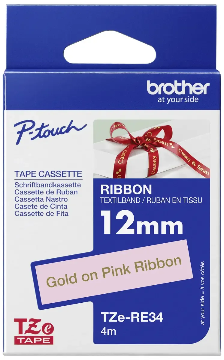 Etiketten Brother TZe TZe-RE34 Bandfarbe: Rosa Schriftfarbe:Gold 12 mm 4 m by Brother – product photo