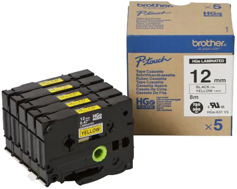 HGe-631V5 Labeltape Set van 5 stuks Tapekleur: Geel Tekstkleur: Zwart 12 mm 8 m från Brother – produktbild
