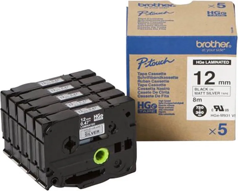 HGe-M931V5 Labeltape Set van 5 stuks Tapekleur: Zilver (mat) Tekstkleur: Zwart 12 mm 8 m de Brother en Black on silver – photo produit
