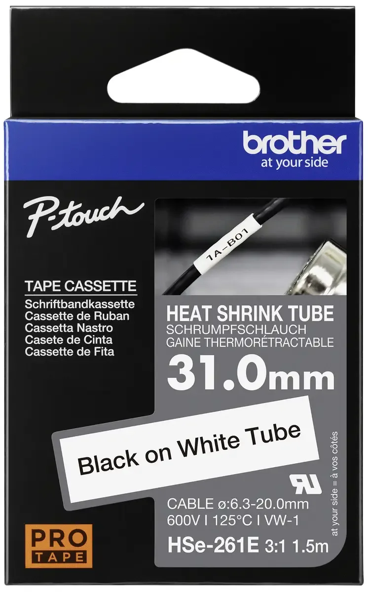 HSE261E Labeltape krimpkous Tapekleur: Wit Tekstkleur: Zwart 31 mm 1.5 m by Brother – product photo