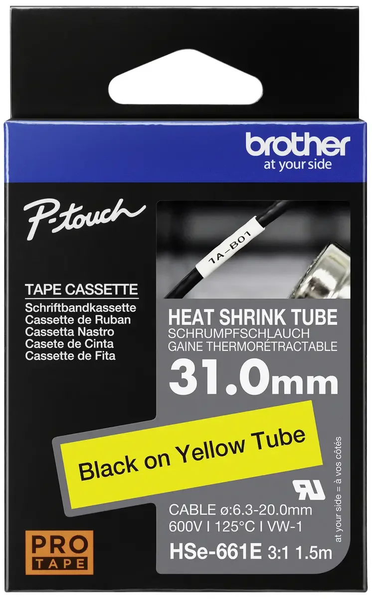 HSE661E Labeltape krimpkous Tapekleur: Geel Tekstkleur: Zwart 31 mm 1.5 m by Brother – product photo