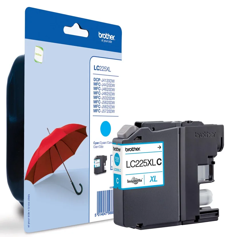 inktcartridge, 1.200 pagina's, OEM LC-225XLC, cyaan, op blister van Brother – productfoto