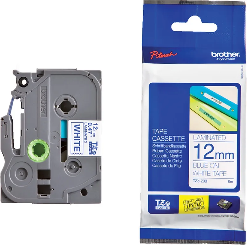 Labeltape Brother P-touch TZE-233 12mm blauw op | 1 stuk de Brother en Blanc – photo produit