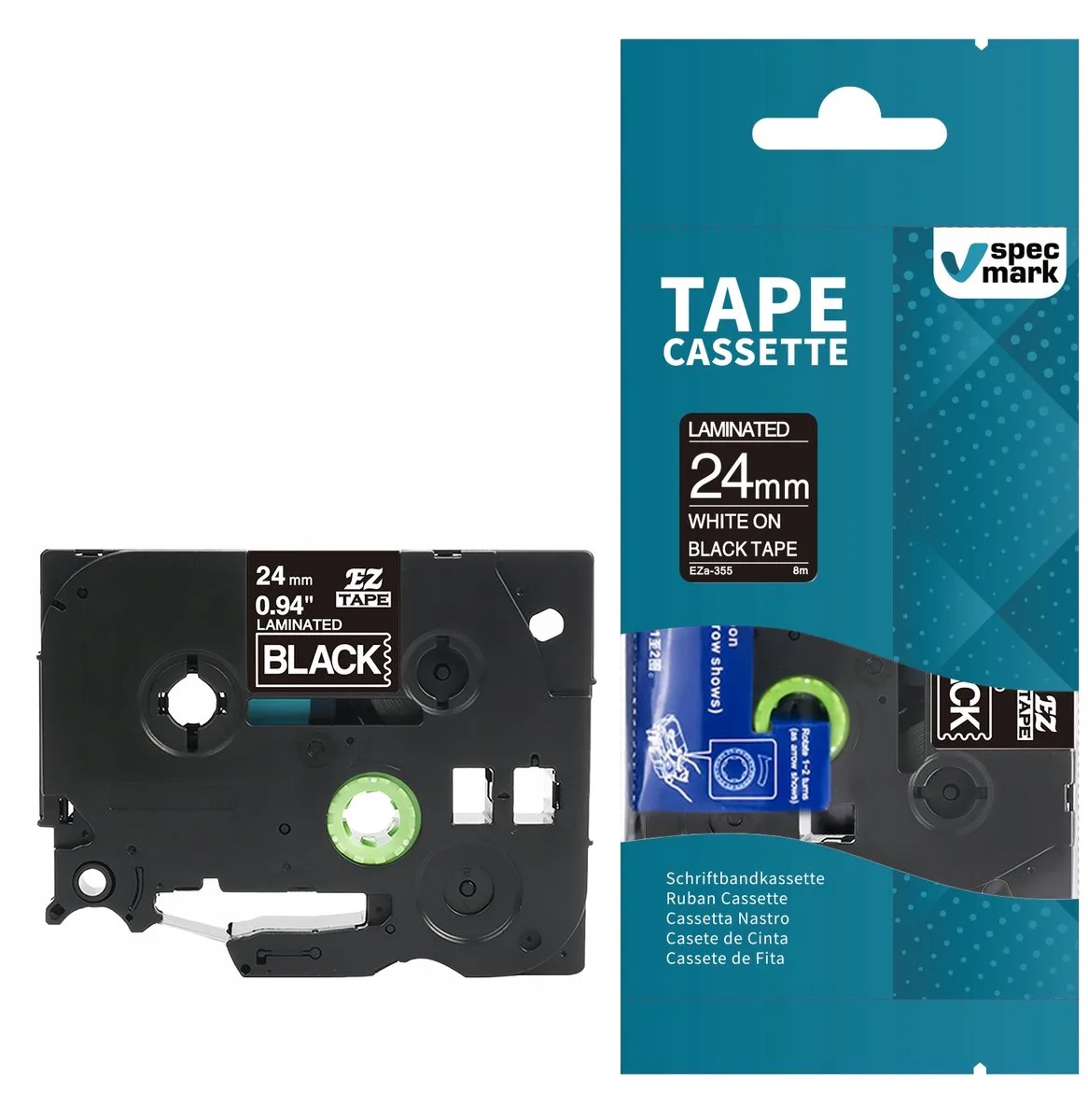 TZe-355 Zwarte Gelamineerde Tape 24mm x 8m från Brother i Svart – produktbild