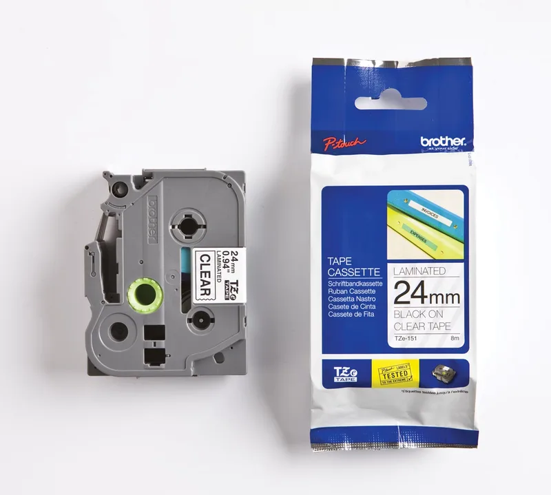 Schriftbandkassette TZe-151 farblos/schwarz 24mm 8m von Brother – Produktfoto
