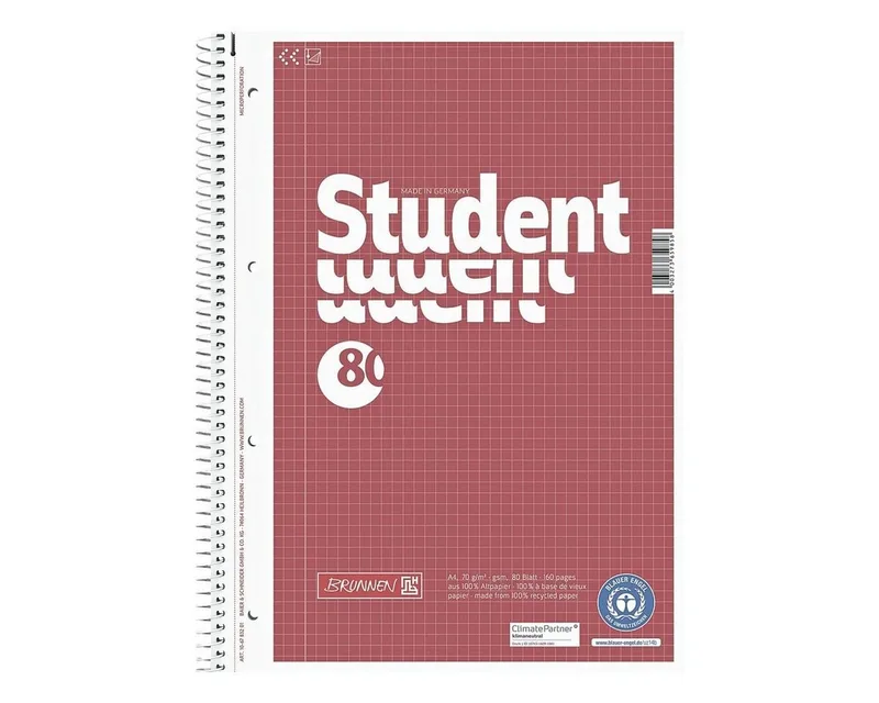 Collegeblock Student, A4 kariert, 80 Blatt, 4-fach Lochung de Brunnen en Rouge – photo produit