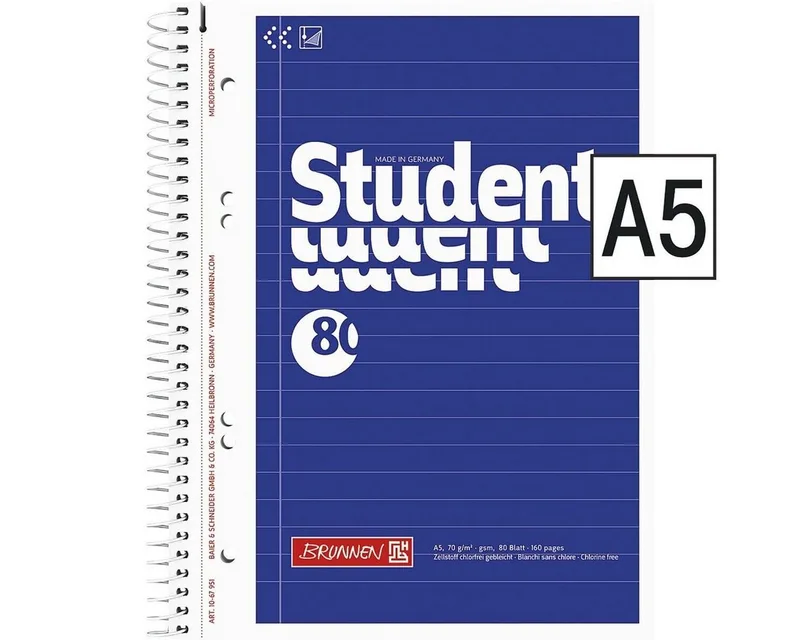 Collegeblock Student, A5, gelocht, mit Mikroperforation und Ausreißhilfe von Brunnen in Blau – Produktfoto