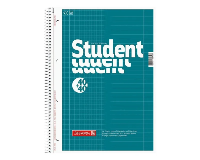 Collegeblock Student Duo, A4 kariert und liniert, 80 Blatt, 4-fach Lochung, 70 g/m² de Brunnen – photo produit