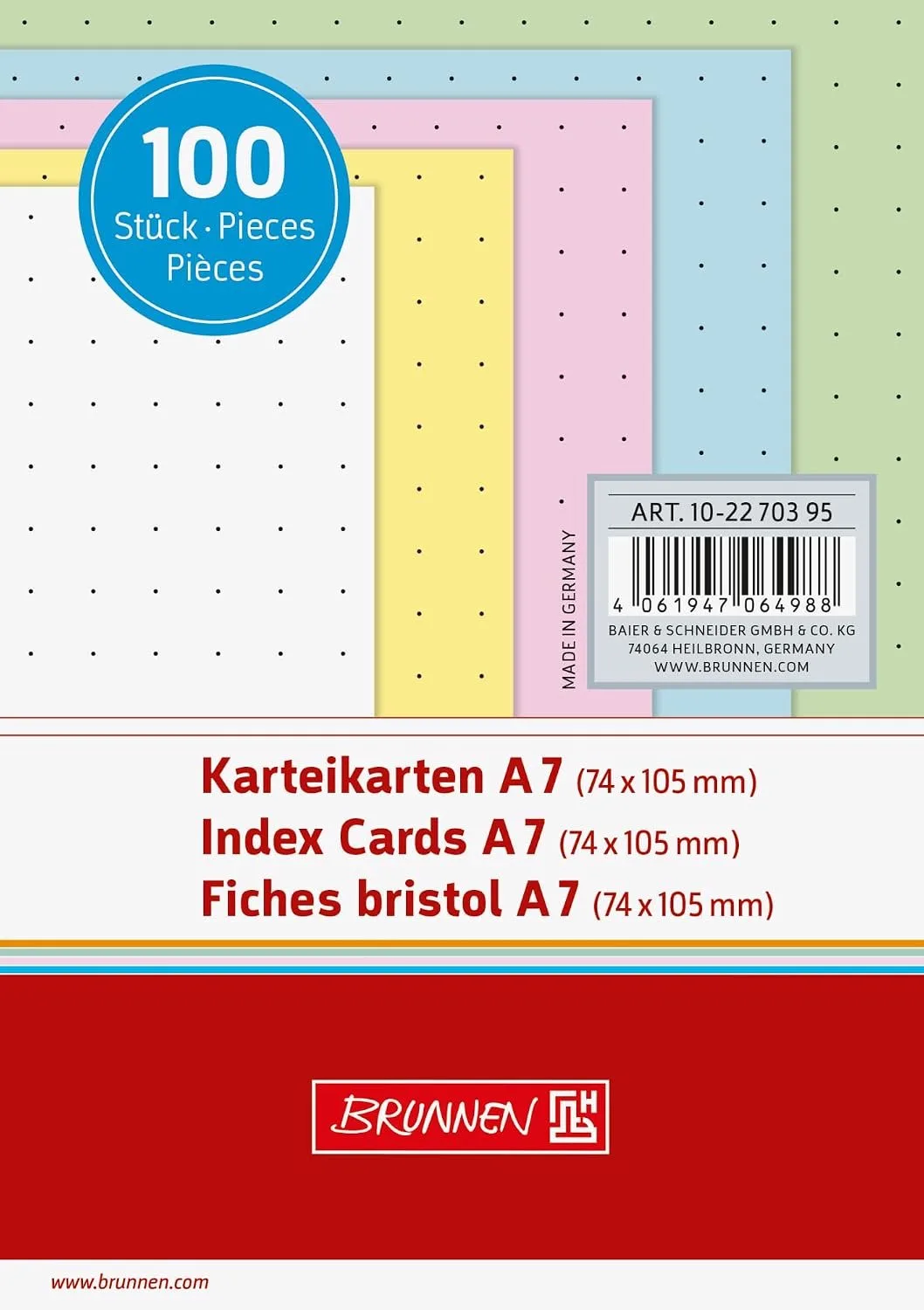 Indexkaarten A7 GESTIPpELD - 100 Stuks van Brunnen in Wit, Geel, Rood, Blauw en groen – productfoto