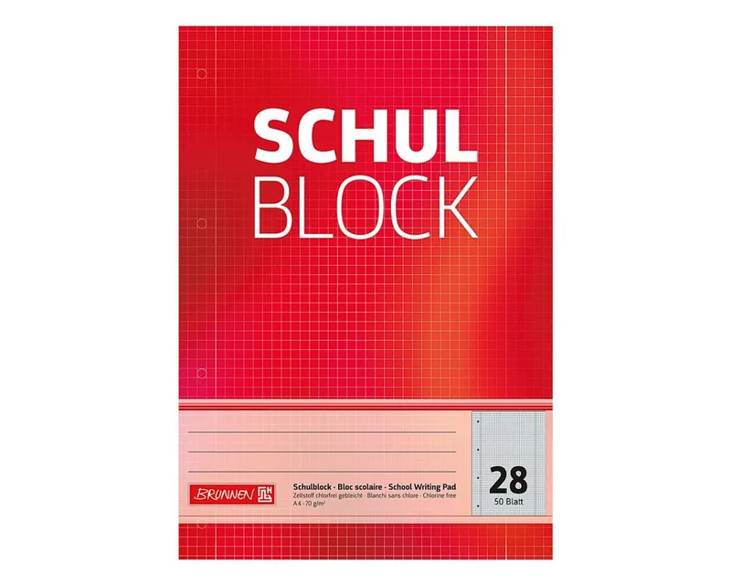 Notizblock, A4 kariert (Lineatur 28), mit Innen- & Außenrand, ab 5. Klasse de Brunnen en Rouge – photo produit