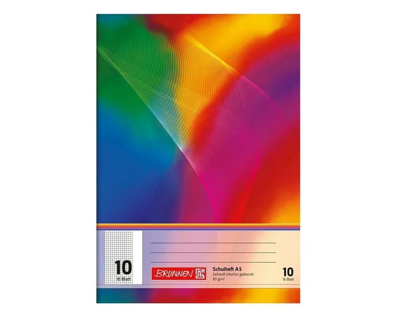 Schulheft, A5, kariert (10), Außenrand, 16 Blatt, ungelocht de Brunnen en Multicolore, Blanc – photo produit