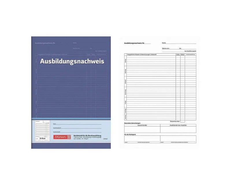 Schulheft Ausbildungsnachweis, A4, Sonderlineatur, 1 Woche/ 1 Seite, 28 Blatt von Brunnen in Blau, Weiß – Produktfoto