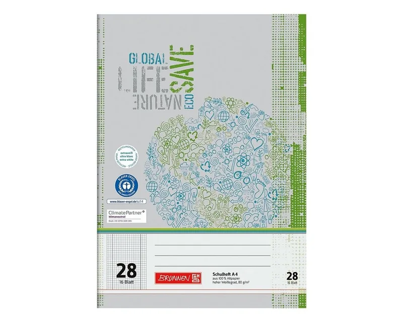 Schulheft Recycling, A4, kariert (Lineatur 28), mit Innen-/ Außenrand, 16 Blatt by Brunnen in Grey, Green, White – product photo
