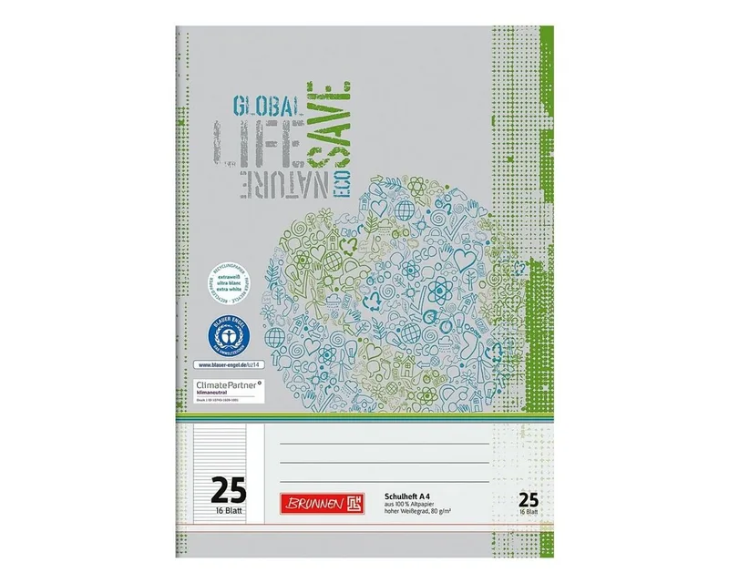Schulheft Recycling, A4, liniert (Lineatur 25), mit Außenrand, ungelocht, 16 Blatt de Brunnen en Gris, Vert, Blanc – photo produit