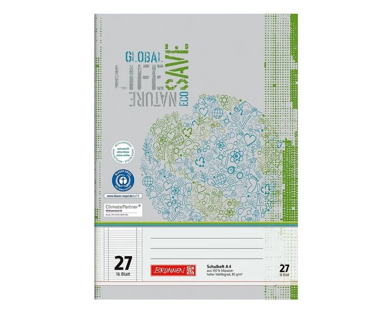 Schulheft Recycling, A4, liniert (Lineatur 27), mit Innen-/ Außenrand, 16 Blatt de Brunnen en Gris, Vert, Blanc – photo produit