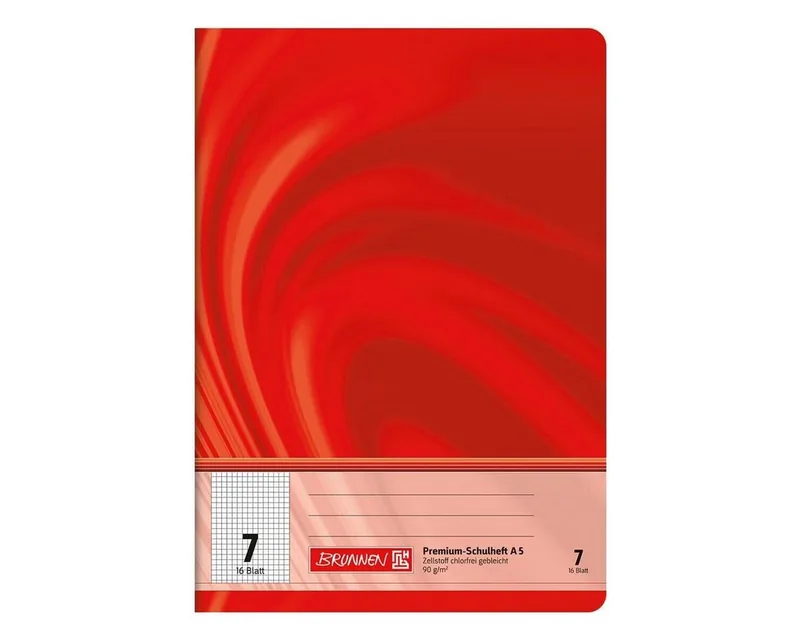 Schulheft Vivendi, A5, kariert (Lineatur 7), 16 Blatt, ungelocht von Brunnen in Orange, Rot, Weiß – Produktfoto