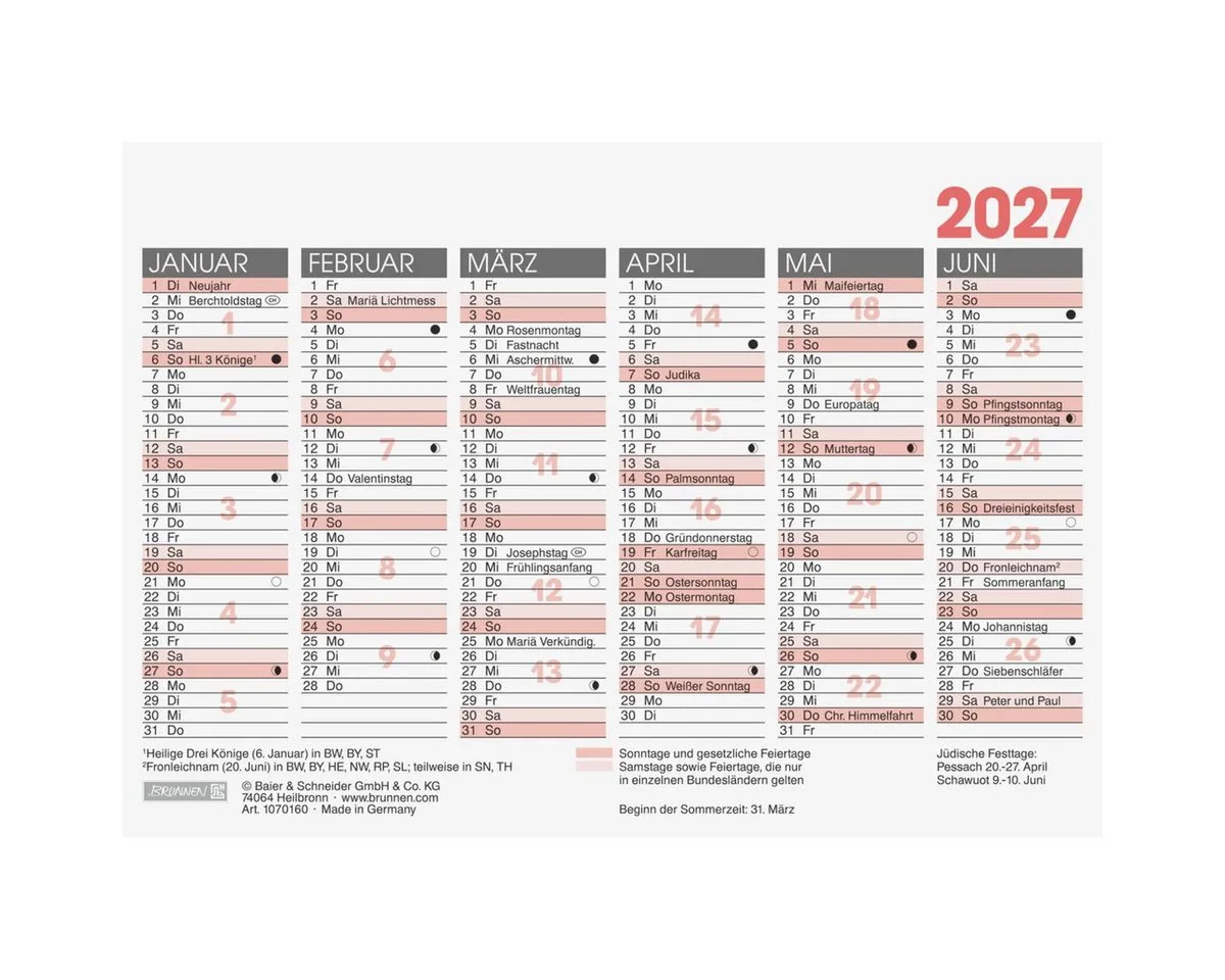 Terminplaner Tafelkalender A6quer 2027 de Brunnen – photo produit