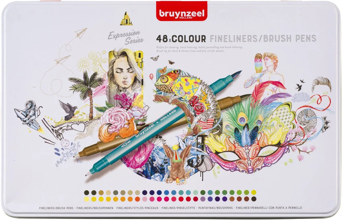 Fineliner en brushpen Bruynzeel etui 48 kleuren | 4 stuks de Bruynzeel en Assorti – photo produit