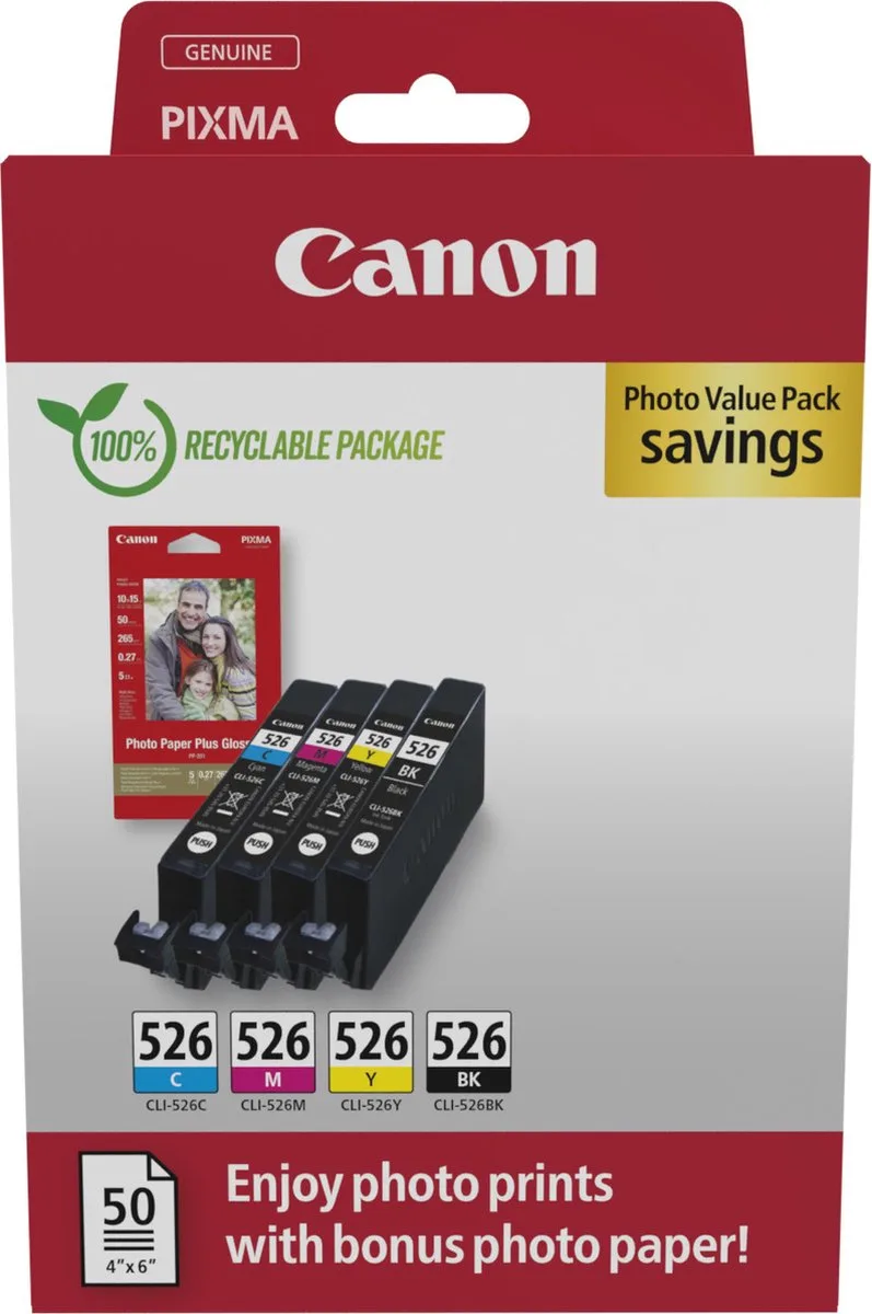 Inktcartridge CLI-526 BK/C/M/Y Photo Value Pack Origineel Combipack Zwart, Cyaan, Magenta, Geel 4540B019 von Canon – Produktfoto 1 von 2