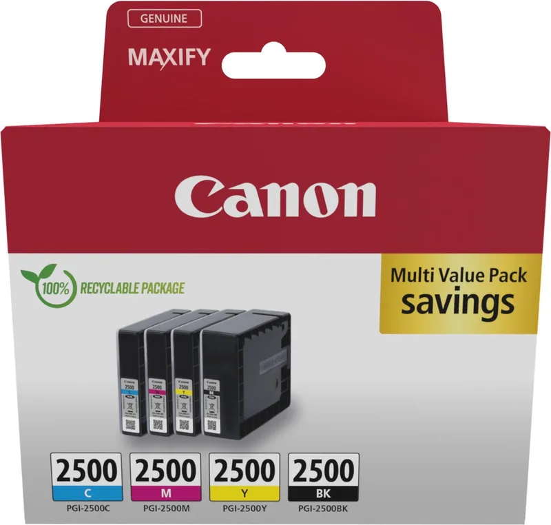 Tinte PGI-2500 für Canon Maxify, Multipack von Canon in Schwarz, Cyaan, Magenta, Gelb – Produktfoto 1 von 2