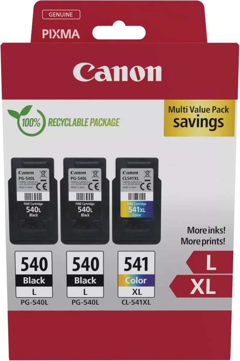 PG-540L + PG540L + CL 541XL multipack Inktcartridge Zwart + 3 kleuren Multipack van Canon – productfoto 1 van 2